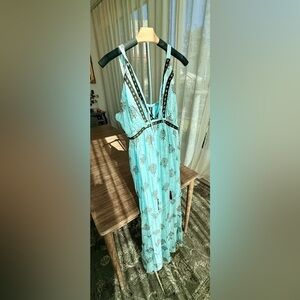 Anthropologie Me 2 Magic Boho Maxi Dress Turquoise Gold Print XL